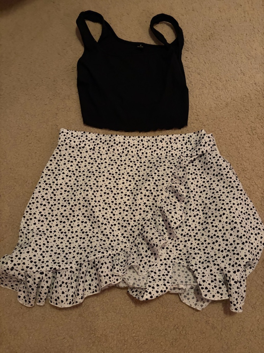 SHEIN Black & White Asymmetrical Heart Ruffle Mini Skirt w/ Cropped Tank Top